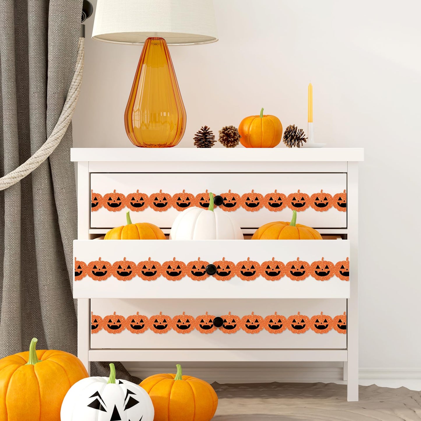 Whaline 65.6Ft Halloween Bulletin Board Border Glitter Orange Pumpkin Die Cut Trim Border Roll for Spooky Chalkboard Wall Decor