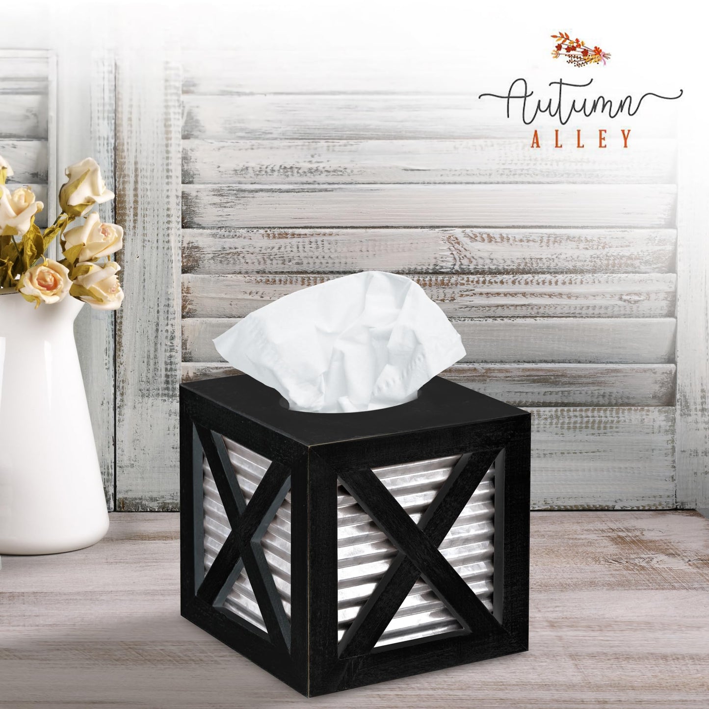 Autumn Alley Barn Door Square Farmhouse Tissue Box Cover in Black and Galvanized – Farmhouse Bathroom Accessories – Rustic Bathroom Décor Tissue Holder | Wood Galvanized Tissue Box Cover