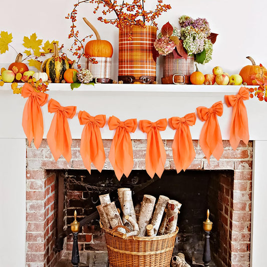 Orange Fall Bow Garland, Autumn Chiffon Bows Garland Thanksgiving Pumpkin Bow Banner Fall Decor for Mantle Fireplace Decor, Home Office Thanksgiving Halloween Harvest Decorations