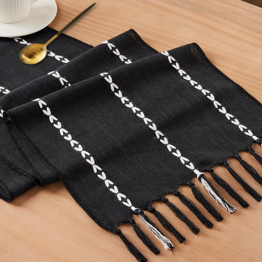 Niviy Halloween Black Table Runner 48 Inches Long, Fall Black Embroidered Striped Braided Boho Table Runner for Holiday Home Party Indoor Outdoor 12 x 48 Inch