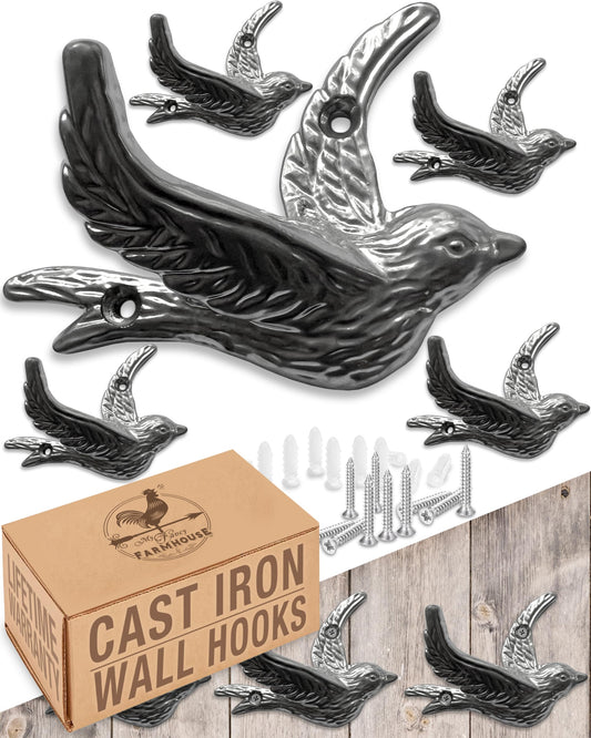 Flying Bird Decorative Wall Hooks (5 Pack) Cast Iron, Silver Coat Hooks, Wall Mounted - Farmhouse Decor, Hooks for Coats, Bags, Hats, Towels, Easy to Install (Antique Silver Hooks)