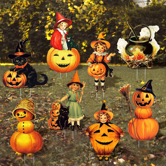 Soaoo 8 Pcs Halloween Yard Signs Vintage Lawn Decorations with Stakes Sturdy Corrugated Outdoor Plastic Decorations Black Cat Pumpkin Witch Hat Garden Stake Signs for Halloween Party