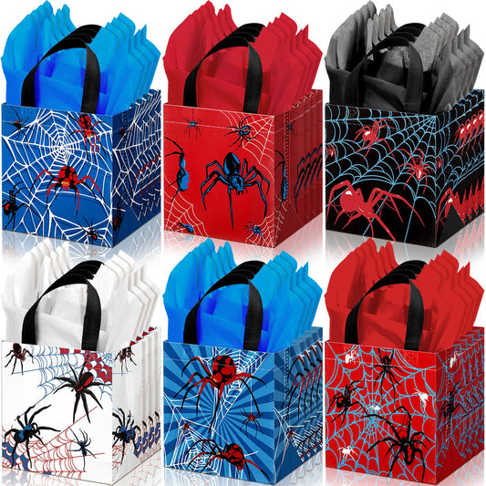 GliCraft 24 Pcs Spider Gift Bags with Tissue Paper Reusable Spider Party Favors Bags with Handle Spider Birthday Party Decorations Double Sided Spider Printed Goodie Candy Bags for Spider Party Favor