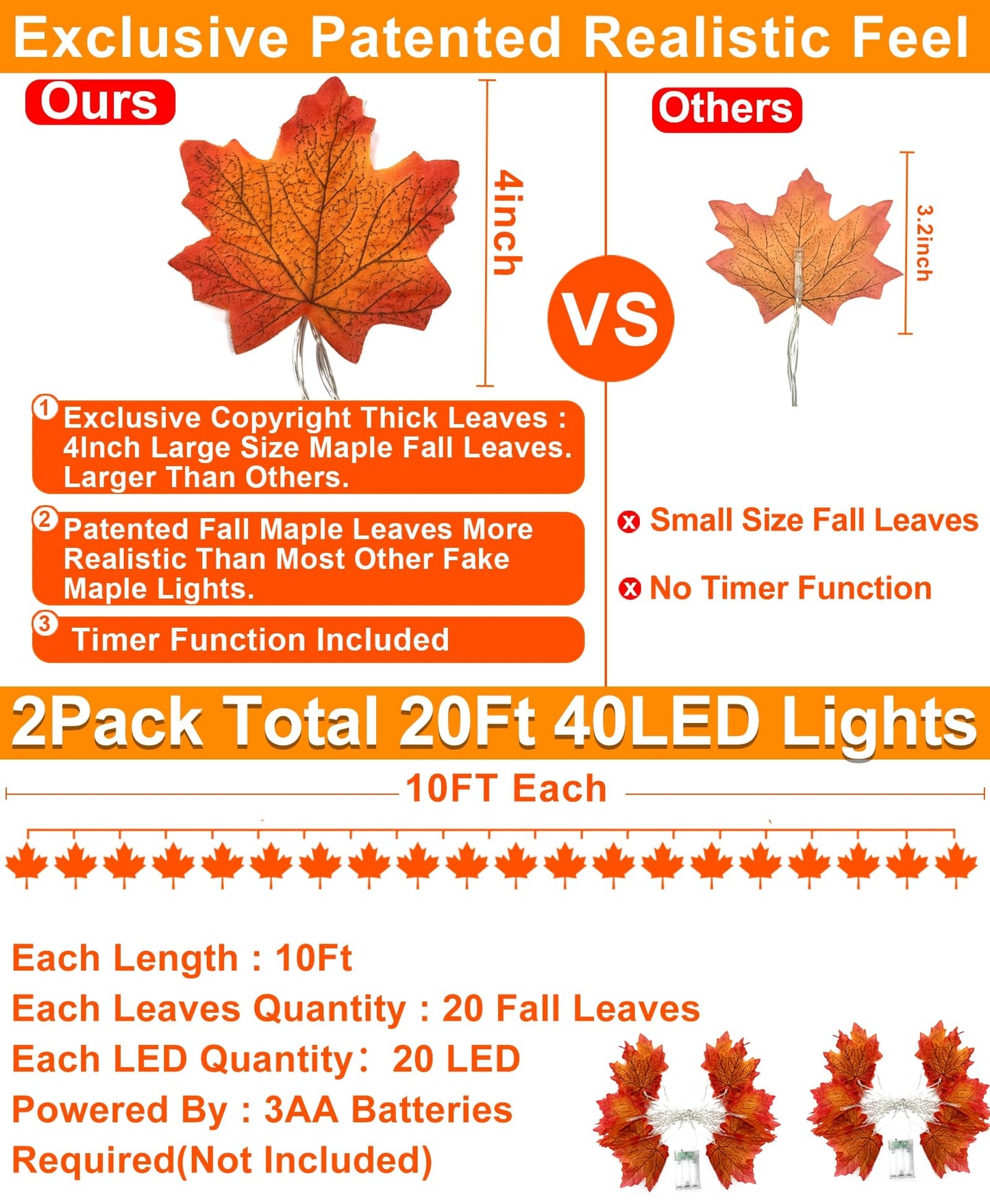 TURNMEON 2 Pack Fall Decor Enlarged Maples Leaves Lights Total 20Ft 40LED