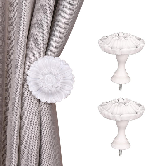 SUQIOME Set of 2 Blossom Window Drapery Vintage Curtain Adhesive Medallion Holdbacks Tiebacks, Wall Hook, Tassel Holder for Room (White)