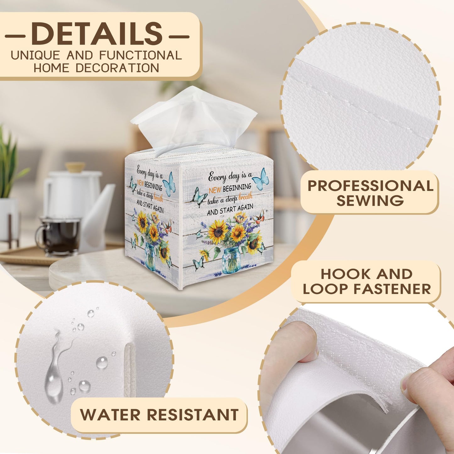 Floral and Butterflies Tissue Box Cover Holder, Tissue Box Cover Holder with Belt Bottom, New Beginnings Gift for Family Friends, Home Bathroom Table Decor-(5.2 Inches) A18