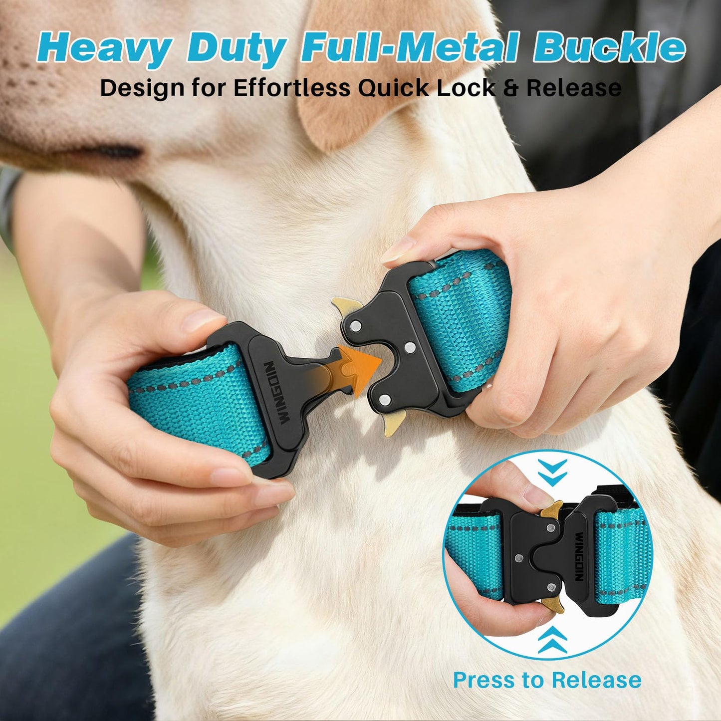 WINGOIN Tactical Dog Collar with AirTag Holder, Heavy Duty Reflective Padded Nylon Collar for Large Dogs, Quick Release Metal Buckle, Dogcollar for Training Walking Hunting, IPX5 Waterproof, Blue,L