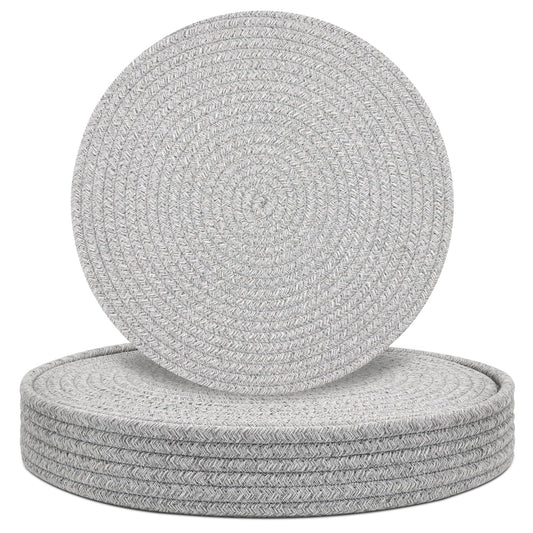 Round Placemats Set of 6 with Holder, Cotton Rope Woven Place Mats, Hot Pads for Kitchen, Heat Resistant Table Mats, 13 Inch Farmhouse Washable Braided Placemat for Kitchen Decor (Gray)