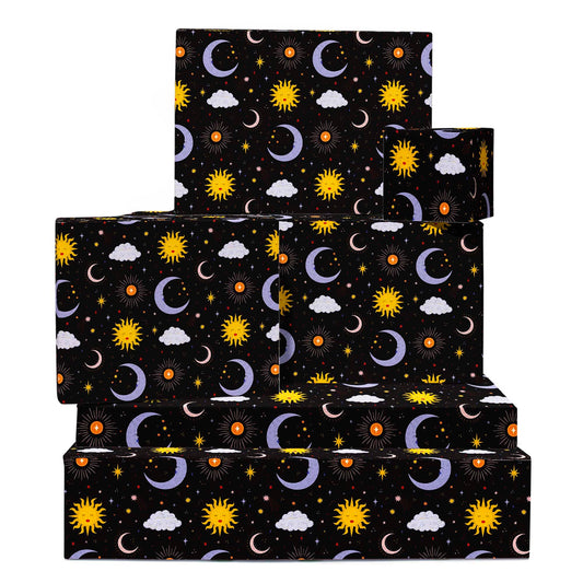 CENTRAL 23 Black Celestial Gift Wrap - 6 Sheets With Moons, Suns & Stars Galaxy - Birthday Wrapping Paper For Teens, Adults & Astrology Lovers - Christmas Holidays, Halloween - Recyclable