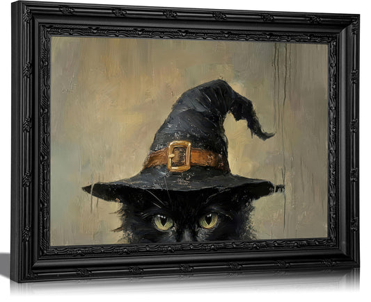 Framed Vintage Black Cat Wall Art,Black Cat in Witch Hat Canvas Painting,Gothic Halloween Poster Prints,Dark Academia Picture Wall Decor for Living Room Bedroom 11x9in