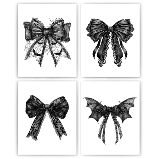 JWVK Coquette Halloween Black Lace Bow Bats Wall Art Prints Set of 4, Gothic Halloween Decor, Halloween Wall Decorations, Dark Academia Halloween Posters Wall Decor for Home Office, 8x10 Unframed
