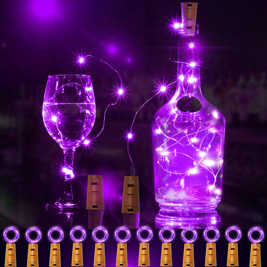 SmilingTown 12 Packs 20 LED Wine Bottle Lights with Cork - Silver Wire Fairy String Lights Battery Operated Cork Lights for Wine Liquor Bottle,Halloween,Christmas,Birthday,Wedding Party Decor(Purple)