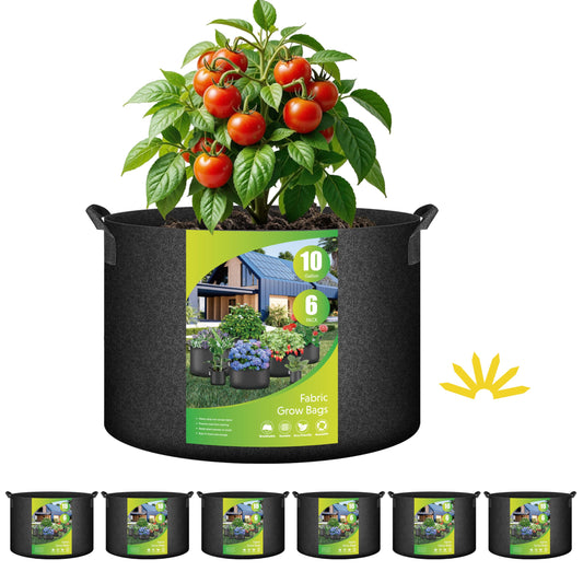 HealSmart 10 Gallon 6 Pack Nonwoven Grow Bags, Aeration Fabric Pots with Handles, Heavy Duty Garden Grow Pots for Tomato Vegetables Flowers, 6 Plant Labels, Black
