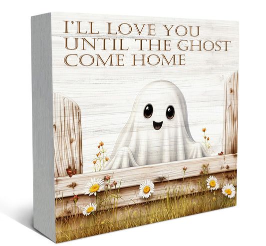 SRADMO Vintage Farmhouse Ghost Wood Box Sign Desk Decor, Rustic Cottagecore Country Cute Ghost Theme Wooden Block Box Sign Decoration for Home Office Shelf Table Decor