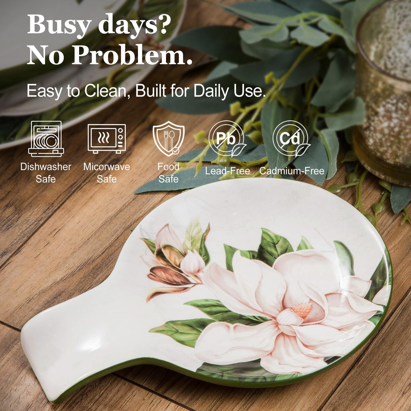 Bico Magnolia Floral Spoon Rest for Stove Top, Ceramic Spoon Holder for Kitchen Counter, Easy to Clean Coffee Spoon Rest Dishwasher Safe, Kitchen Cooking Utensil Rest for Ladles Spatula