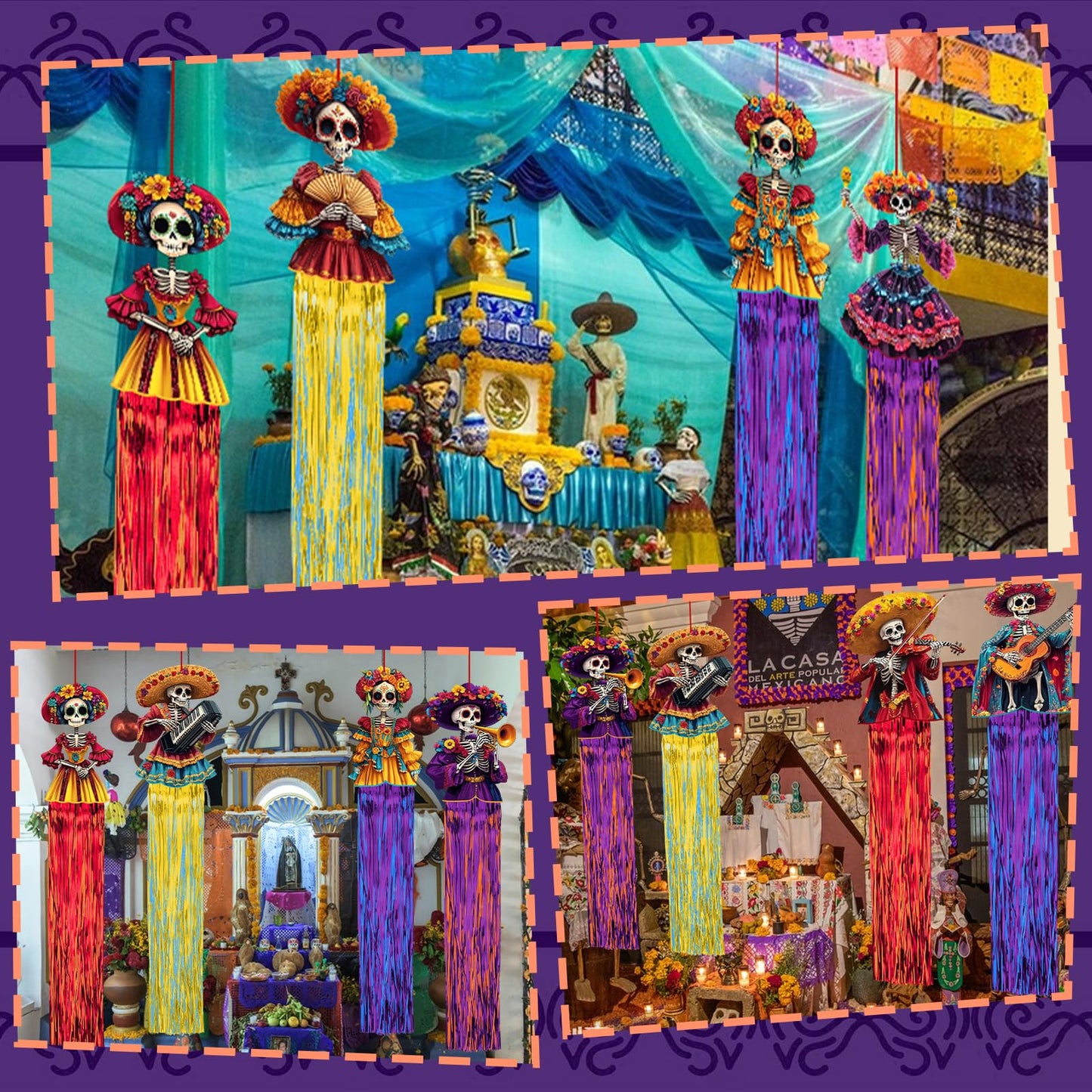 8 Pcs Day of The Dead Sugar Skull Hanging Decorations, 4.9 Ft Dia De Los Muertos Hanging Decorations for Dia de Los Muertos Altar, Ofrenda, Cemetery, Day of The Dead Party Home Outdoor Decor