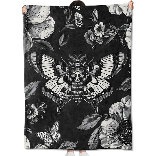 amepay Gothic Moth and Skull Blanket Gifts for Kids Adult Women,Goth Floral Dark Art Flannel Throw Blankets,Soft Comfy Lightweight for Halloween Couch Bed Sofa Bold Modern Decor,Horror Lovers 60x50in
