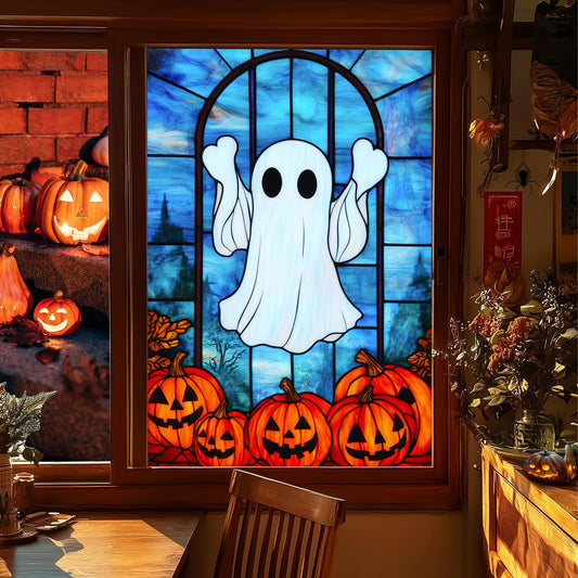 HOMETITUTE Halloween Ghost Window Film 31x47 Inch Pumpkin Decorative Window Film Cute Spooky Glass Cling for Kids Party Door Mirror Privacy Decor Stained Glass Windows Art for Home School Office