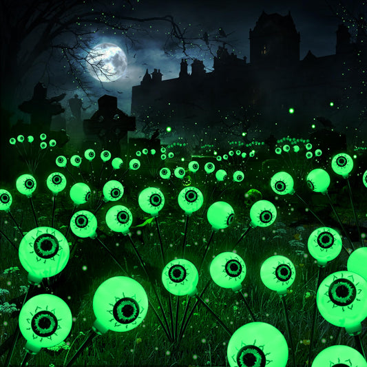 BrizLabs 4 Pack 24 LED Halloween Solar Lights, 2 Modes Outdoor Halloween Eyeball Pathway Lights, Solar Spooky Walkway Light Waterproof, Green Swaying Firefly Lighting for Path Yard Garden Lawn