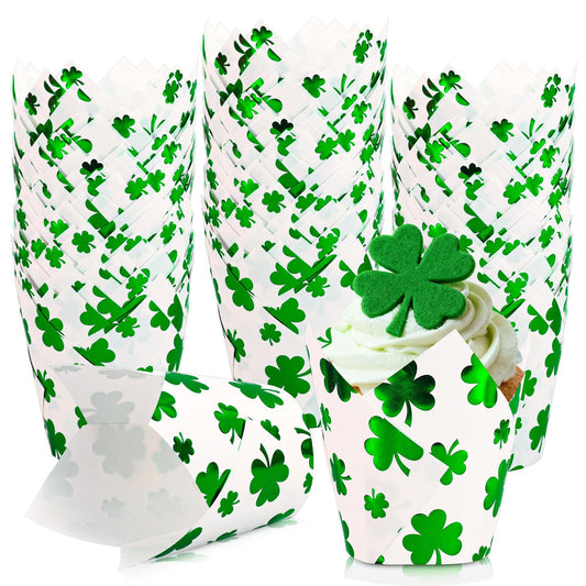 Whaline 120Pcs St. Patrick's Day Tulip Cupcake Liners Green Foil Shamrock Muffin Baking Cups Lucky Clover Cupcake Wrappers for Spring Irish Holiday Party Supplies Table Decor