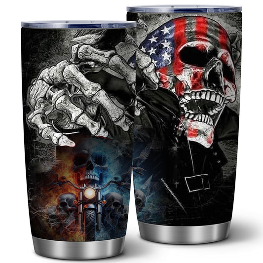 American Flag Motorcycle Skull Coffee Tumbler,20 Oz Insulated Stainless Steel Funny Travel Coffee Mug or Tea Cup for Hot,Iced Drinks,Birthday Skull Gifts for Men Friend Husband Dad Women,1 Pcs