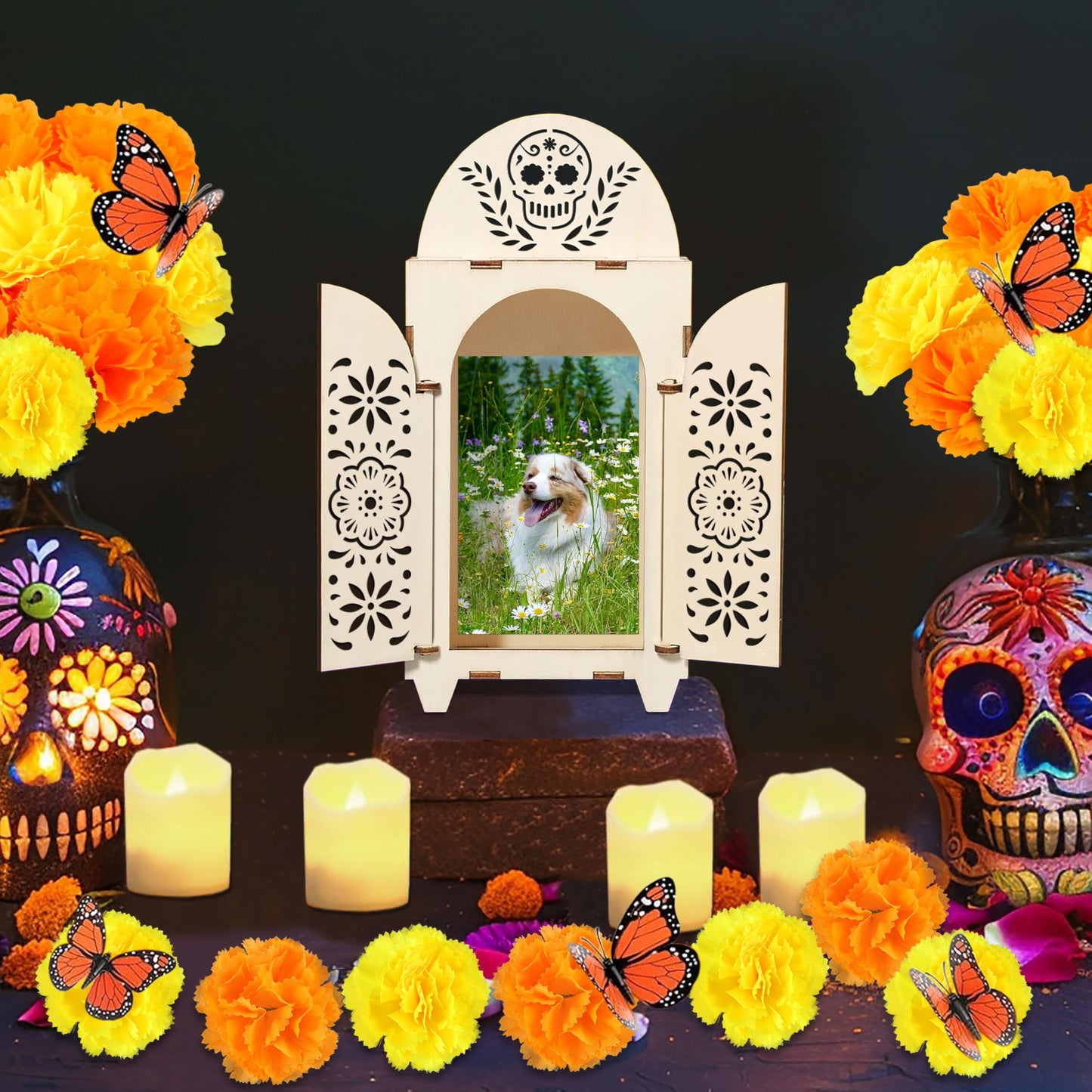 51Pcs Dia De Los Muertos Decorations Wooden Shadow Box Day of The Dead Ofrenda Altar Decor with Marigold Butterfly Candle Remembrance Supplies