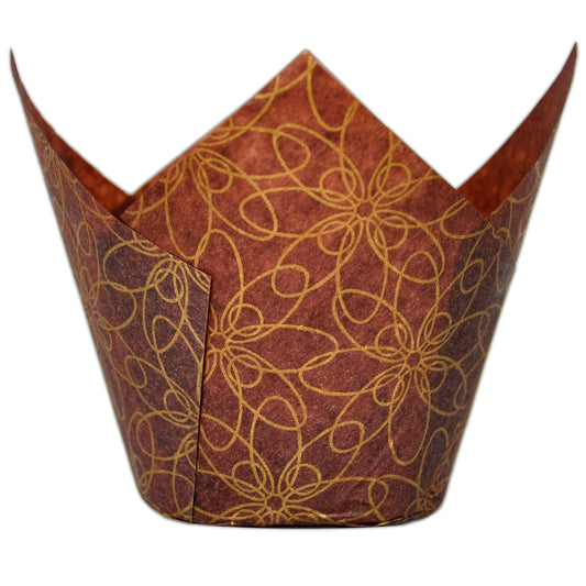 MyBakning (JUMBO Large size) Brown Golden pattern Tulip Baking Cups 2-1/4"(Base diameter) x 3-3/4"(Wall height) Greaseproof paper Muffin liners, Case of 130 pcs