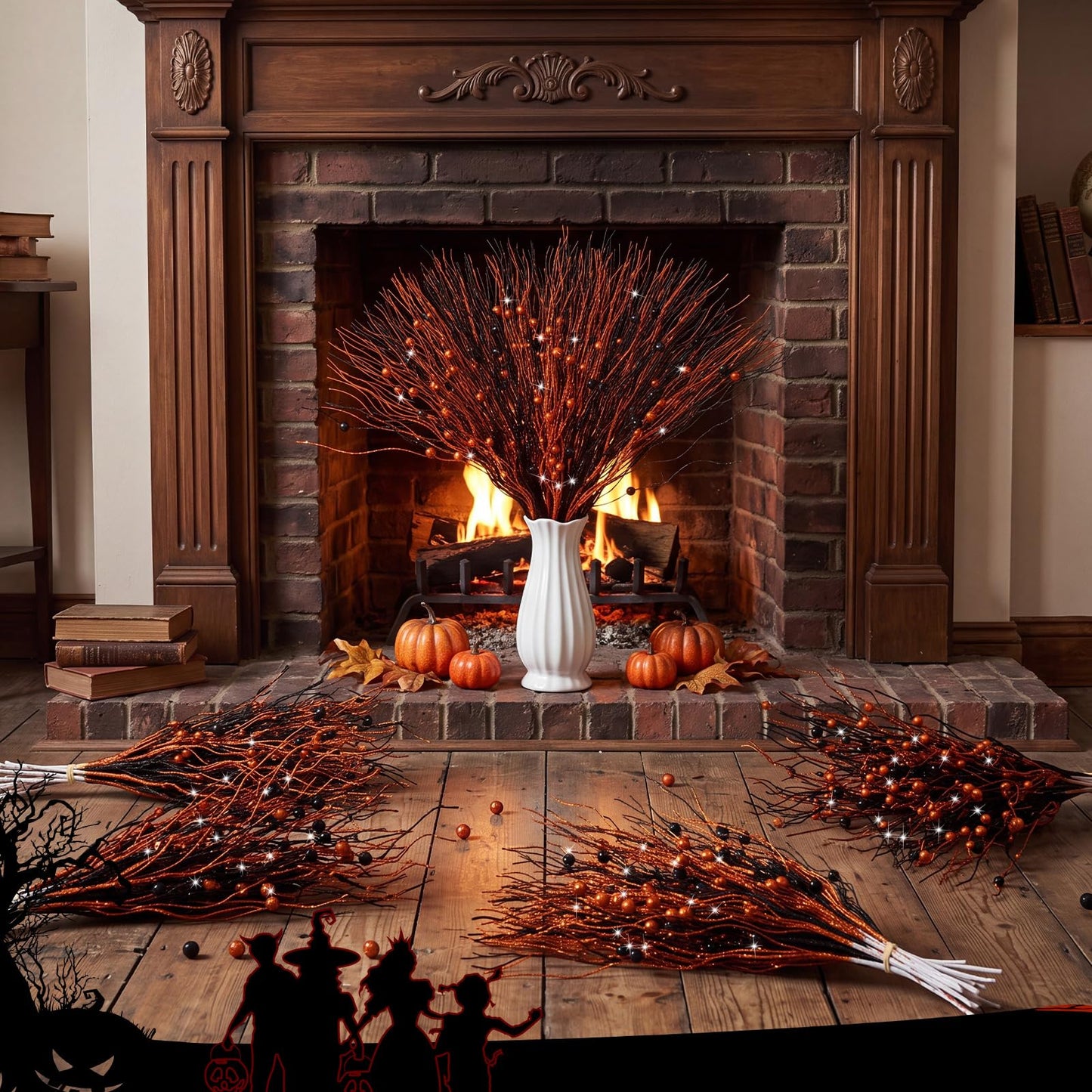 Giegxin 32 Pack Halloween Black Orange Artificial Glitter Berry Stem, 17 Inches Fall Thanksgiving Floral Picks Branches for Halloween Autumn Holiday Vase Filler Home Table Centerpieces DIY Decoration