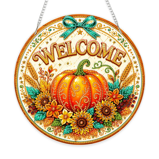 Eiflow Hanging Diamond Art Pumpkin Kit for Adults Fall DIY Acrylic Diamonds Craft Painting Ornament Kit Welcome Sign, Special Crystal Diamond Art Painting Window Wall Door Hanging Pendant
