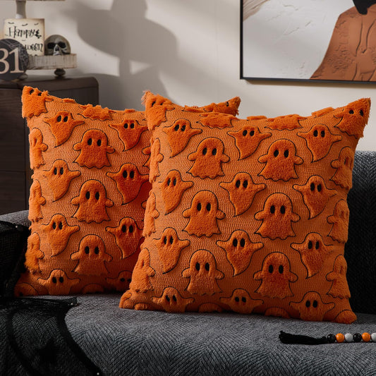 DFXSZ Halloween Pillow Covers 18x18 inch Set of 2 Orange White Ghost Throw Pillow Cases Soft Plush Faux Fur Wool Couch Cushion Case for Chair Sofa Bedroom Living Room Home Decor PTK03K18