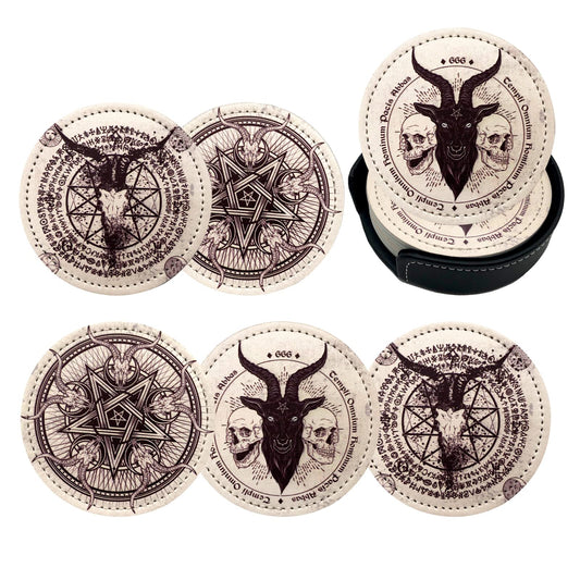 Satan Goat Skull Coasters for Drinks with Holder Leather Coasters Set of 6 for Coffee Table