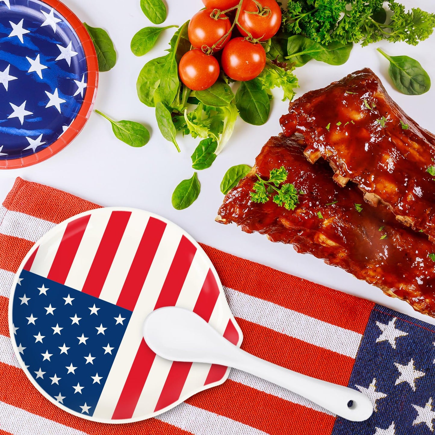 Whaline 4.7inch Patriotic Spoon Rest American Flag Star Stripe Small Coffee Spoon Holder for 250th Anniversary 4th of July Independence Day Coffee Stirrers Teaspoon Bar Coffee Station Accessories