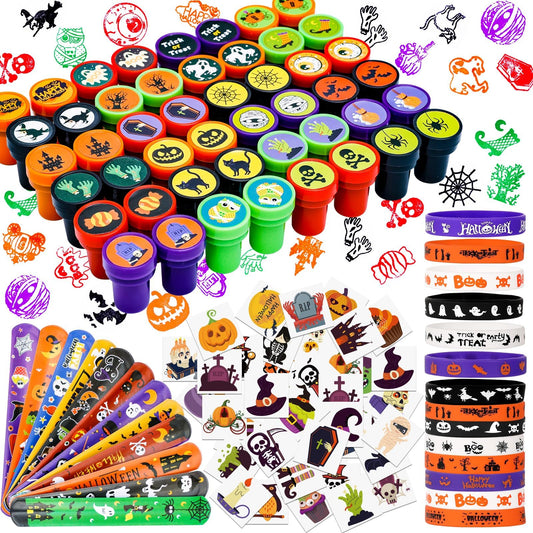 Thuodo Halloween Party Favors for Kids Toys 264pcs Halloween Prizes Bulk for Kids, Goody Bag Fillers including Stamper Tattoos Slap Bracelets Rubber Bracelets Treats Non Candy Party Supplies