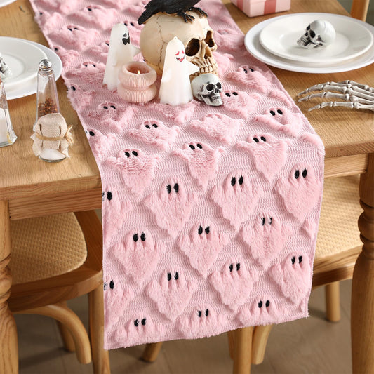 Reallnaive Pink Ghosts Halloween Table Runner Fall Kitchen Dining Runners Halloween Table Decorations for Indoor Outdoor Home Party Decor, 13 x 72 Inch