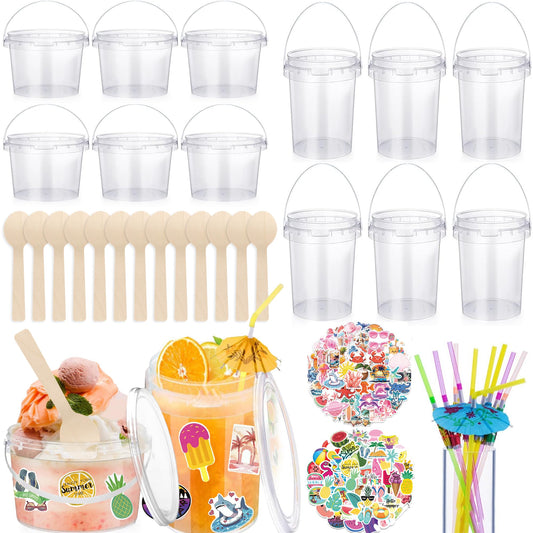 MOLDTAS 12 Pcs 1L 32oz Plastic Cocktail Buckets 750ml Ice Cream Buckets with Disposable Spoons and Straws Summer Theme Stickers for Summer Pool Party Beach Party Supplies