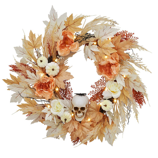 GarveeHome 22 in Halloween Skull Wreaths for Front Door, Fall Maple Leaves Wreath with Lights White Pumpkins Roses, Halloween Decorations for Porch Window Indoor Outdoor Decor