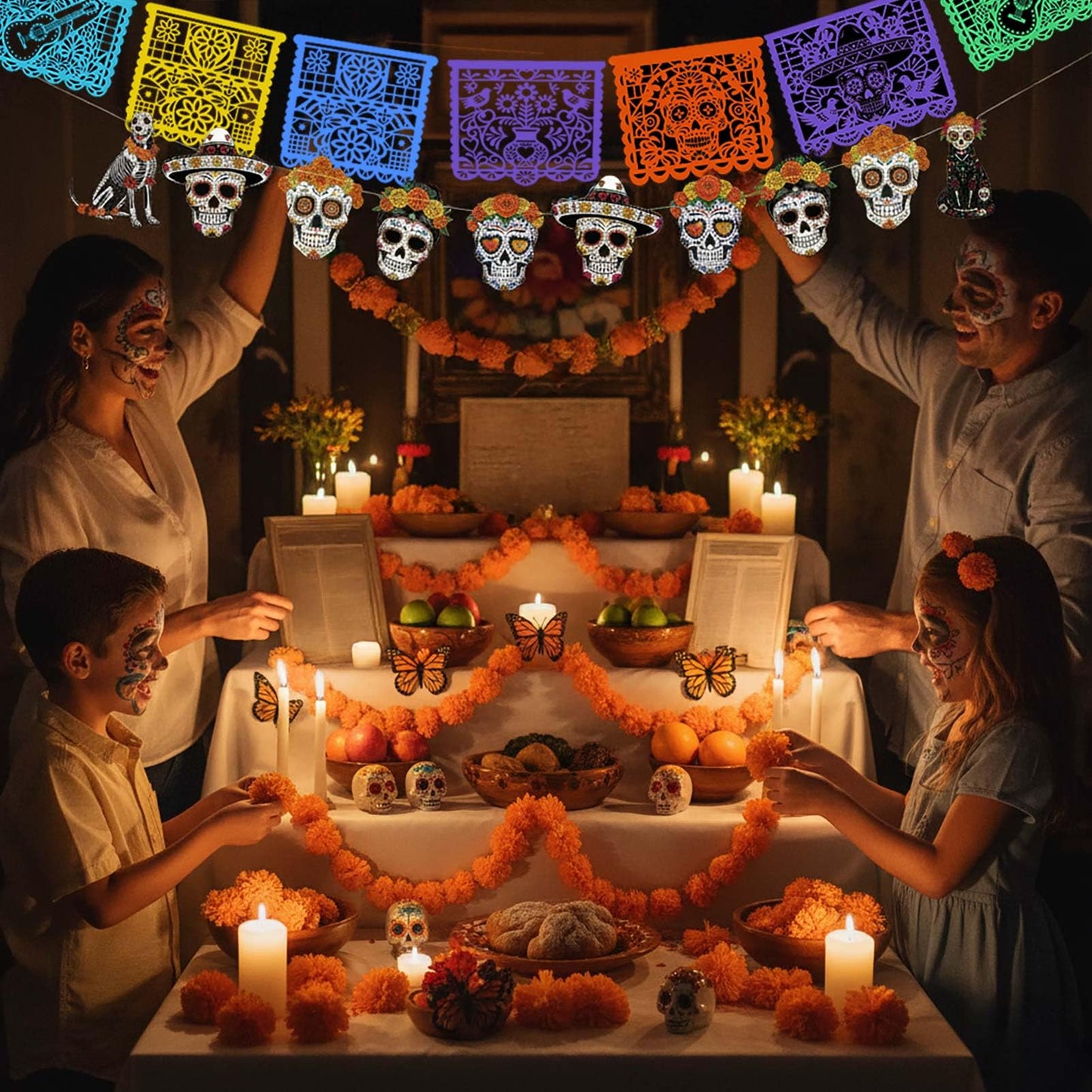Day of The Dead Calavera & Papel Picado Banners Dia De Los Muertos Day of The Dead Party Decor with Monarch Butterfly Artificial Marigold Day of The Dead Flag Butterfly Decoration