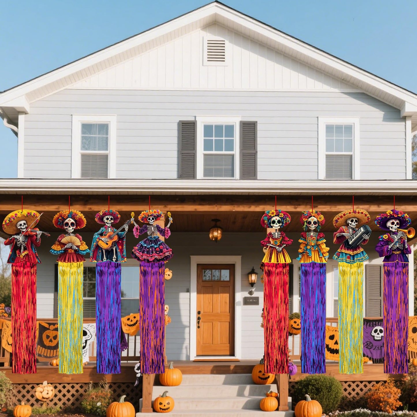 8 Pcs Day of The Dead Sugar Skull Hanging Decorations, 4.9 Ft Dia De Los Muertos Hanging Decorations for Dia de Los Muertos Altar, Ofrenda, Cemetery, Day of The Dead Party Home Outdoor Decor