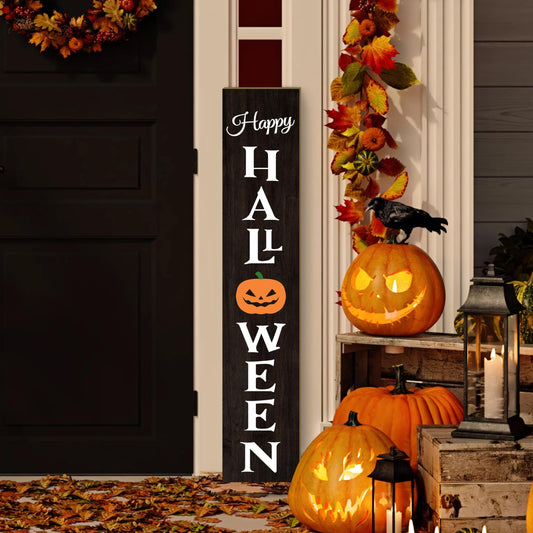 Happy Halloween Porch Sign Ghost Face Pumpkin Front Door Hanging Decor Wooden Vertical Indoor Outdoor Standing Welcome Signs for Garden Home Yard Farmhouse Porch 47.2 x 7.8 Inch
