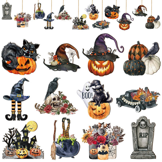 Huwena 36 Pcs Halloween Wood Ornament for Tree Vintage Ornaments Wooden Halloween Hanging Decorations Pumpkin Witch Black Cat Wood Cutouts with Ropes for Home Party Decor(Witch Hat)