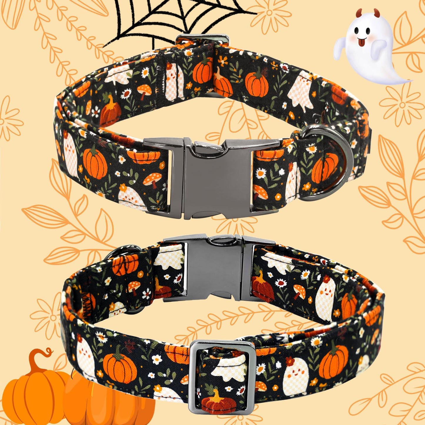 Bobo Rainbow Halloween Dog Collar, Ghost Print Adjustable Pet Collar Fall Pumpkin Cute Cotton Soft Collars with Bow Tie Fall Metal Buckle Holiday Puppy Collars Boy&Girl Gift for X-Small Dogs