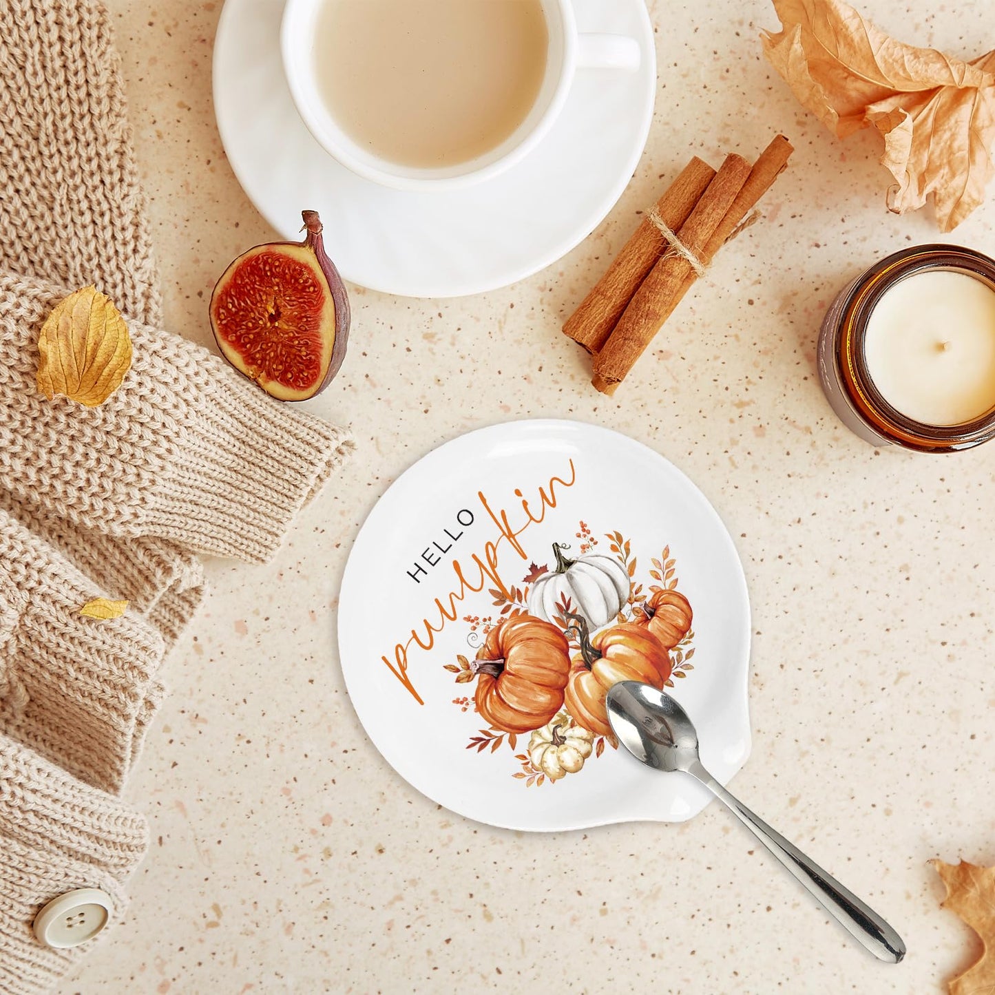 Whaline 2 Pcs 4.7 Inch Fall Ceramic Spoon Rest Small Orange Pumpkin Coffee Spoon Holder for Autumn Thanksgiving Coffee Stirrers Teaspoon Bar Accessories