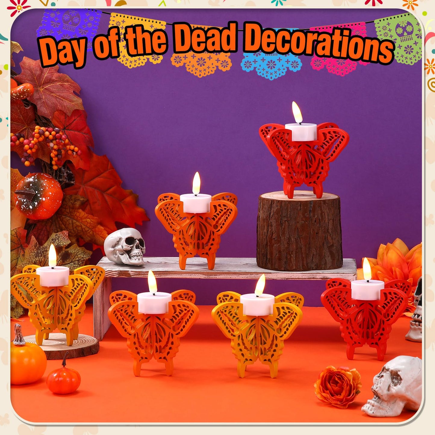 6 Pcs Day of The Dead Hollow Wooden Butterfly Candle Holder Dia De Los MuertosTable Centerpiece for Home Tabletop Decor Mexican Party Day of The Dead Altar Decorations Halloween Party Favors