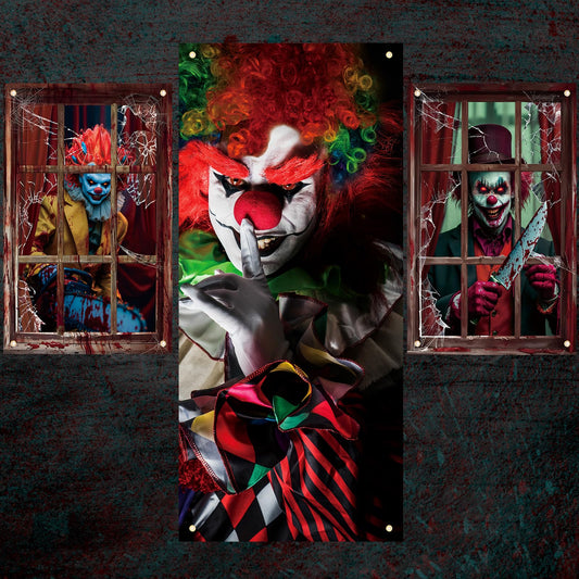 Patelai 3 Pcs Halloween Clown Decorations Kit, 1 Clown Door Cover and 2 Creepy Window Covers, Halloween Scary Party Decoration for Front Door Archway Garage Indoor Outdoor Wall Decor