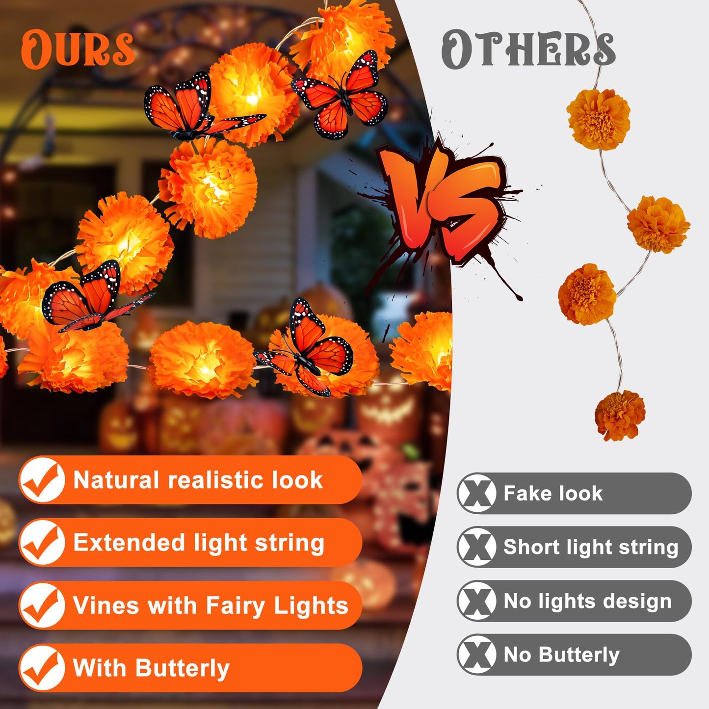 2 Pack Day of the Dead Decorations Total 13.1Ft Marigold Garland for Decoration, 40 Lighted Artificial Marigold Flowers 12 Butterfly for Dia de Los Muertos Indian Diwali Altar Halloween Home Decor