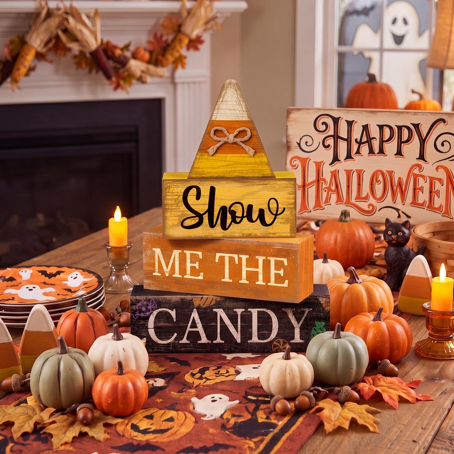 Lineshading 4 Pcs Halloween Table Decoration Candy Corn Wooden Stacked Block, "Show Me the Candy" Signs with Candys Corn Topper, Halloween Tiered Tray Decor Rustic Fall Decor for Home Office Kitchen