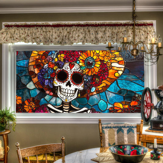 HOMETITUTE Day of The Dead Window Film 39.3x17.7 Inch Sugar Skull Windows Cling Halloween Calavera Glass Sticker for Glass Dia de Los Muertos Removable Gothic Window Art Decoration