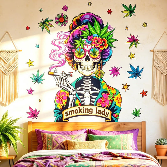 Colorful Sugar Skull Wall Decals Peel and Stick, Boho Skeleton Lady Wall Stickers & Murals, Removable Vinyl Wall Decor Home Art for Girls Bedroom Baby Nursery Daycare
