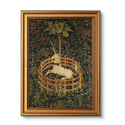 VIYYIEA Vintage Gold Framed Wall Art for Living Room, Unicorn Canvas Prints Home Decor, Oil Painting Picture, Bedroom Wall Decor Gifts for Friends or Family -【The Unicorn in Captivity】-(16L x 12W)