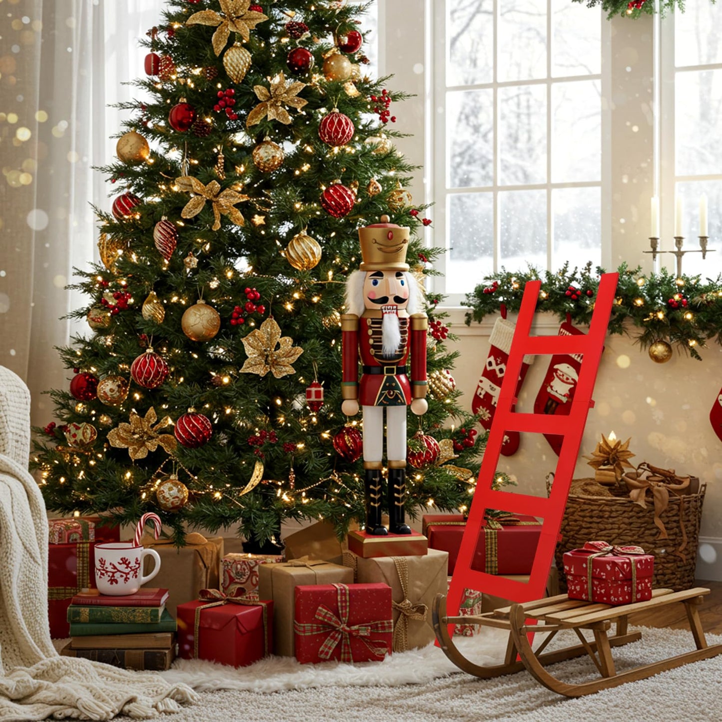 Jenaai 39 Inches Christmas Red Wooden Ladder Christmas Tree Decoration Santa Climb Ladder Assemble and Disassemble Rustic Decorative for Xmas Tree Wall Ornament Holiday Festival Party Decoration